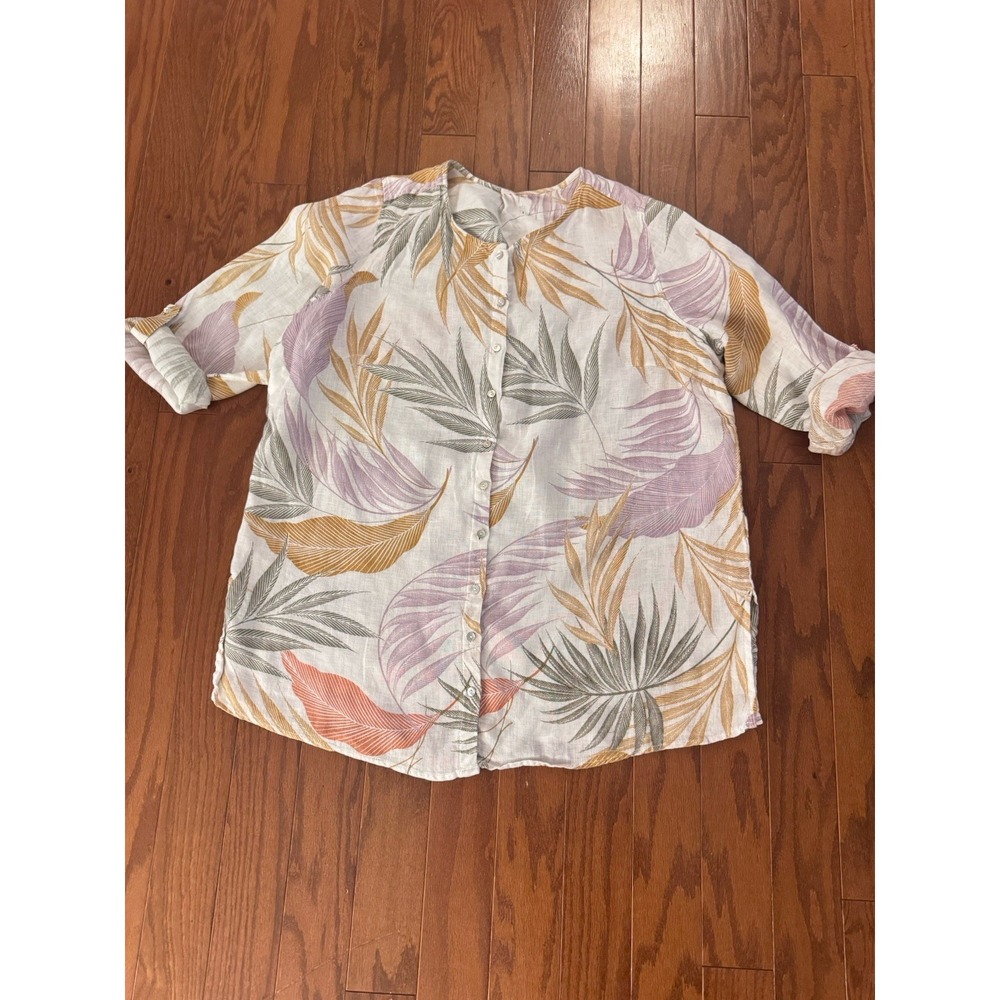 Tahari Women's 1X Linen Top Blouse Tropical Leaves White Lotus Beach Light